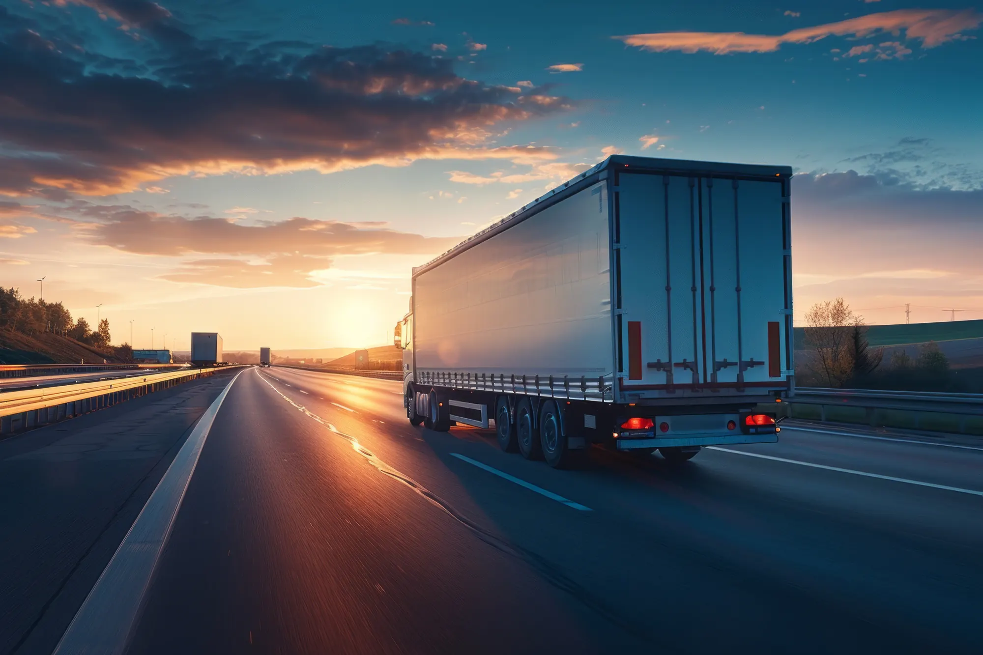 A long-haul truck traveling toward a setting sun on an open highway — symbol of the Oklahoma City trucking community Bledsoe Truck & Trailer Repair serves with full-service repair.
