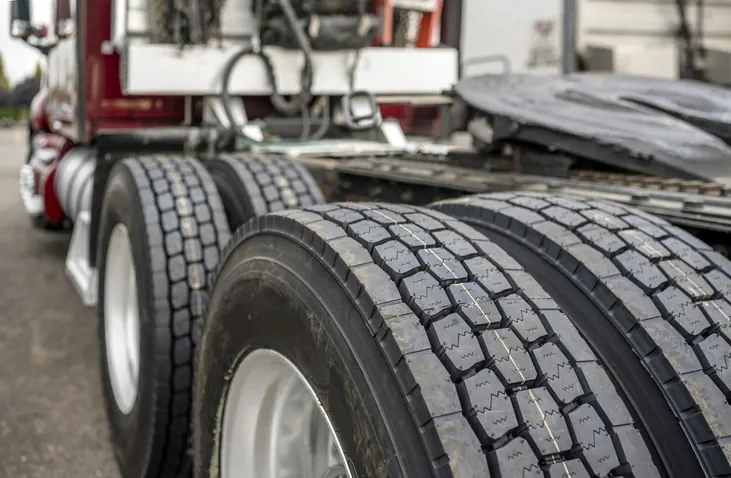 Truck tire service, alignment, and brake work — Bledsoe Truck & Trailer Repair, OKC Commercial truck dual tires on a Bledsoe service bay floor — tire installation, alignment, and wheel service for semi trucks and trailers in Oklahoma City.