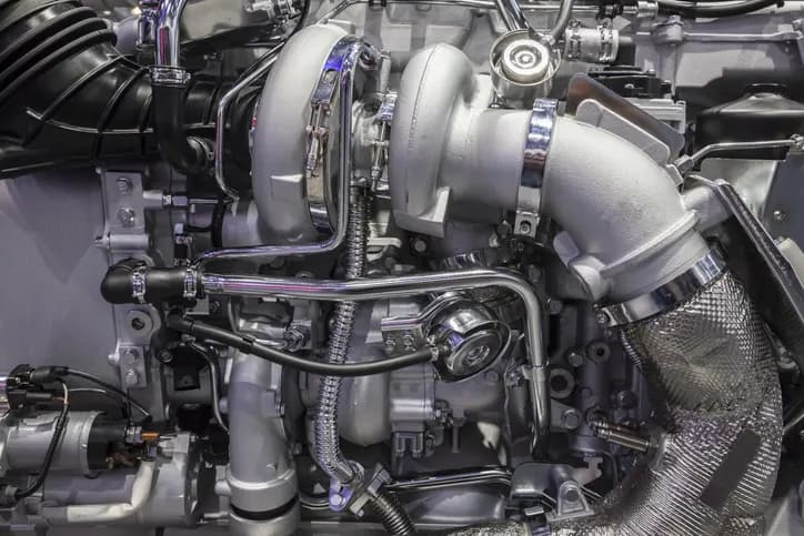 Turbocharger service, EGR repair, and diesel performance work — Bledsoe OKC Heavy-duty diesel turbocharger and exhaust manifold detail — Bledsoe Truck & Trailer Repair performs turbo replacement, EGR service, and diesel performance diagnostics in Oklahoma City.